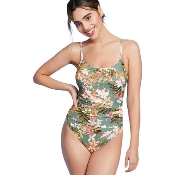 Kona Sol Other - Kona Sol Size Large 12-14 Green Tropical Floral Print Shirred 1 Piece Swimsuit